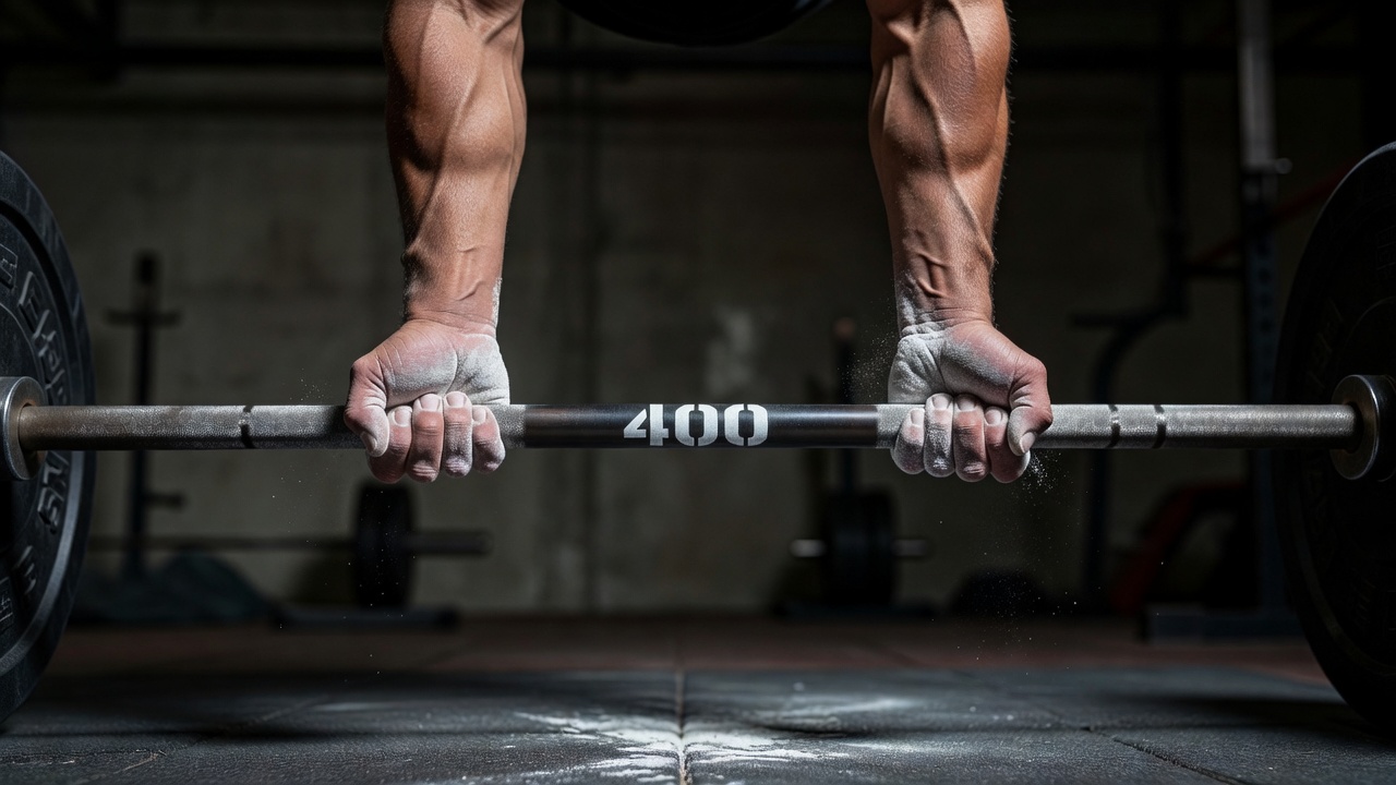 Chalked hands gripping a heavy barbell