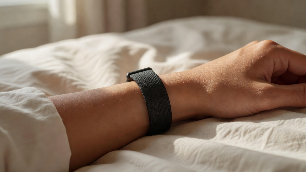 Close up of a WHOOP strap on a wrist resting on a bed