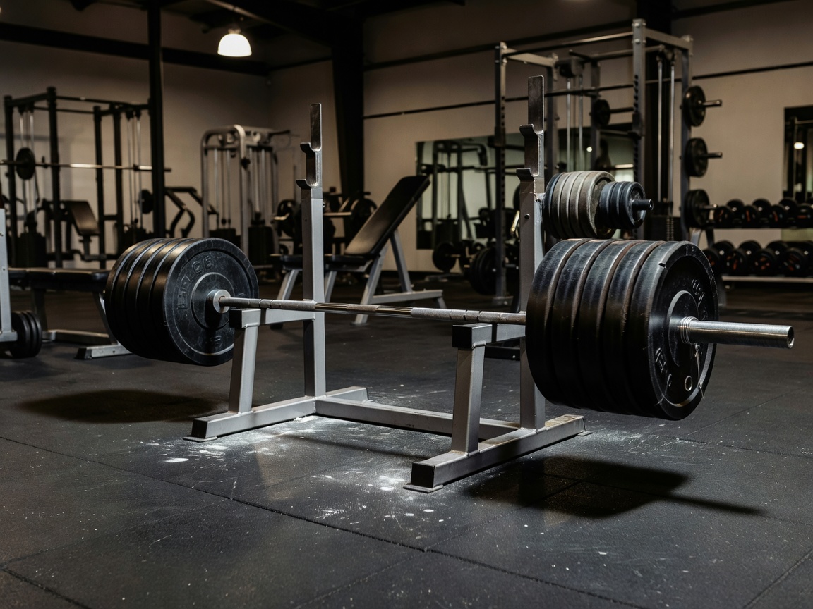 Heavy barbell loaded with weight plates in a gym setting
