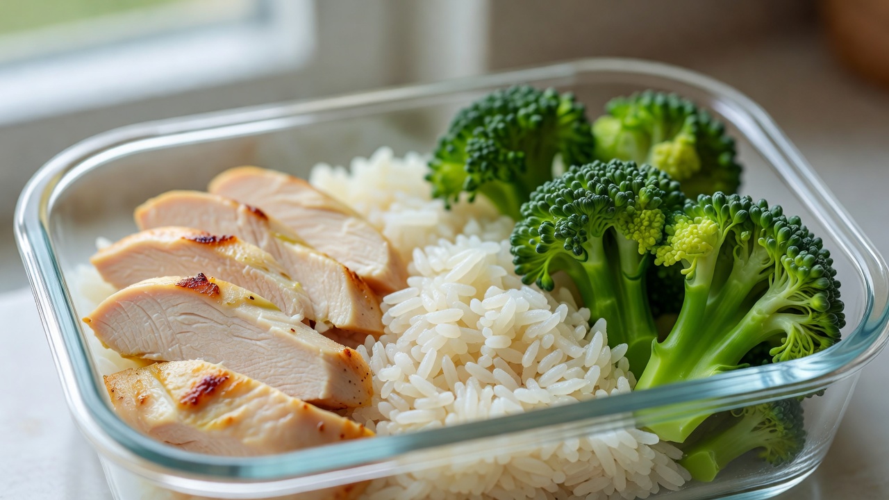 Macro balanced meal prep with chicken, rice, and broccoli