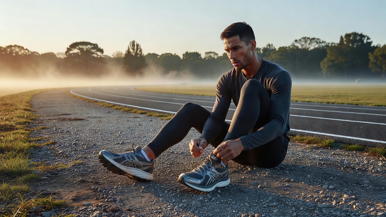 Person lacing up running shoes at dawn