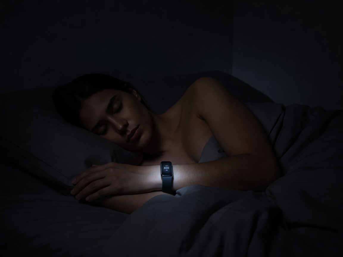 Person sleeping deeply in a dark room with a wearable tracker
