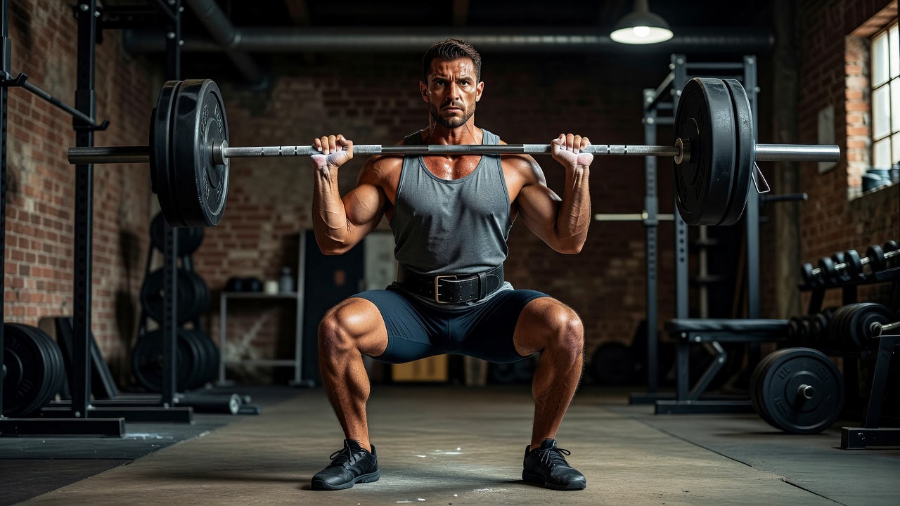 Person wearing a lifting belt performing a barbell squat